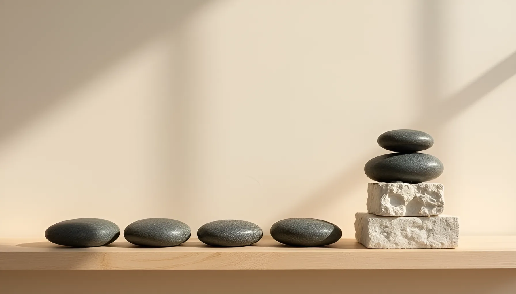 밝은 나무 선반 위에 짙은 회색 조약돌들이 같은 높이로 나란히 놓여 있고 오른쪽 끝에서는 거친 흰 돌덩이를 받침 삼아 같은 조약돌이 그 줄보다 훨씬 높이 쌓여 올라 있는 정물, 말띠 해 가운데 한 해만 유독 튀어 올랐다는 이 글의 대표 이미지