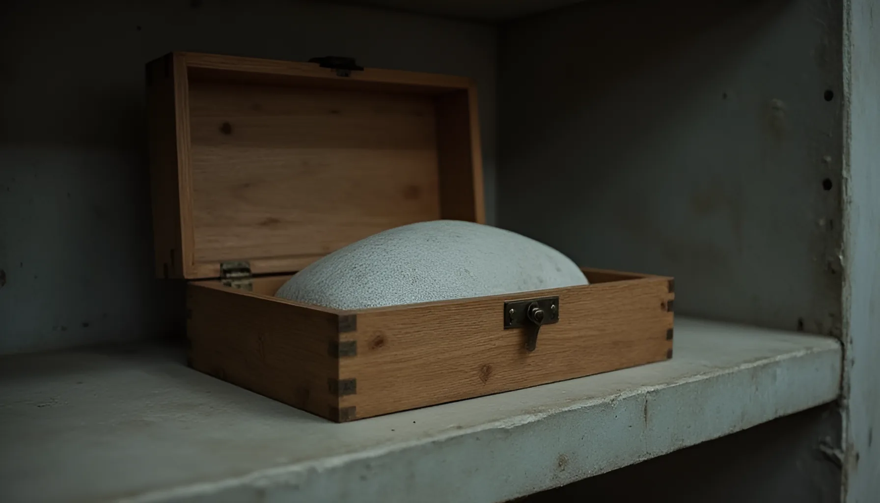 어두운 창고의 거친 콘크리트 선반 위에 금속 걸쇠가 달린 참나무 상자가 뚜껑을 열어젖힌 채 놓여 있고 그 안에 매끈한 회백색 돌덩이 하나가 상자를 가득 채우며 담겨 있는 측면 정물, 한 장이 옮겨져 오래 보관된다는 대목을 나타낸 이미지