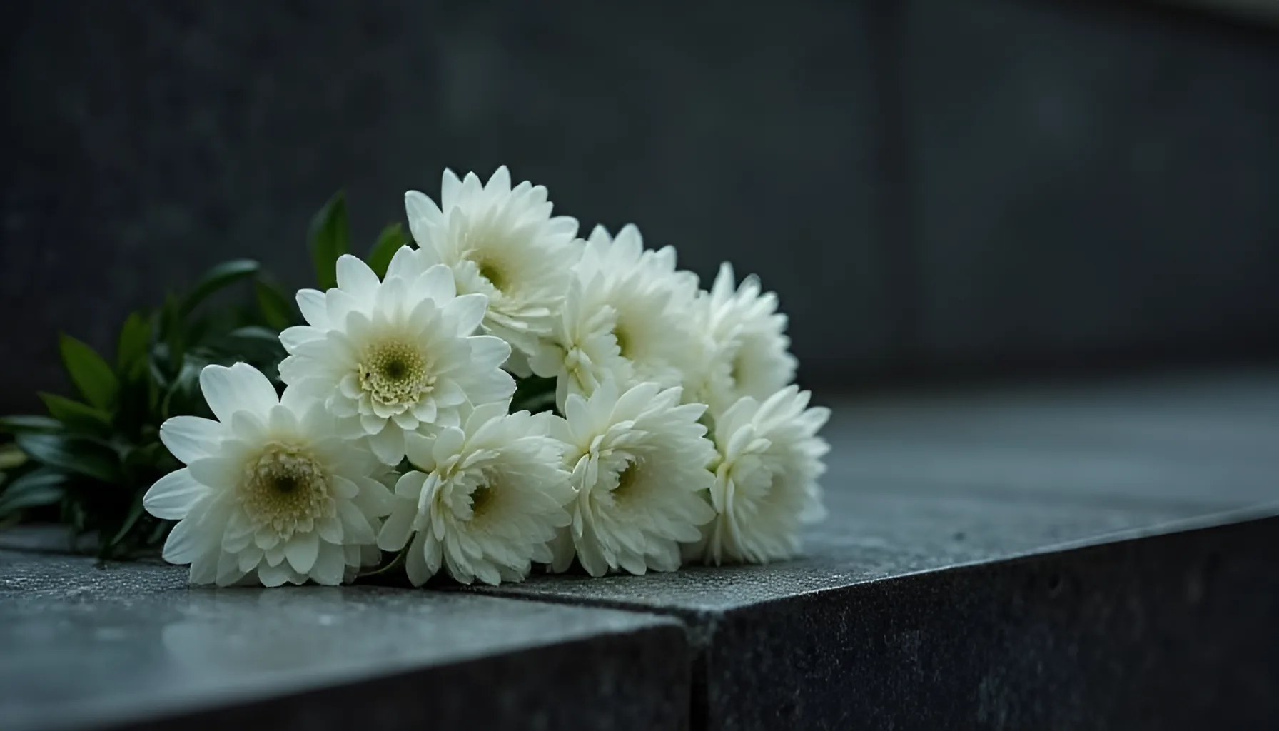 어두운 회색 돌 단 위에 초록 잎이 달린 흰 국화 다발이 놓이고 뒤쪽 벽이 흐릿하게 어두워진 모습