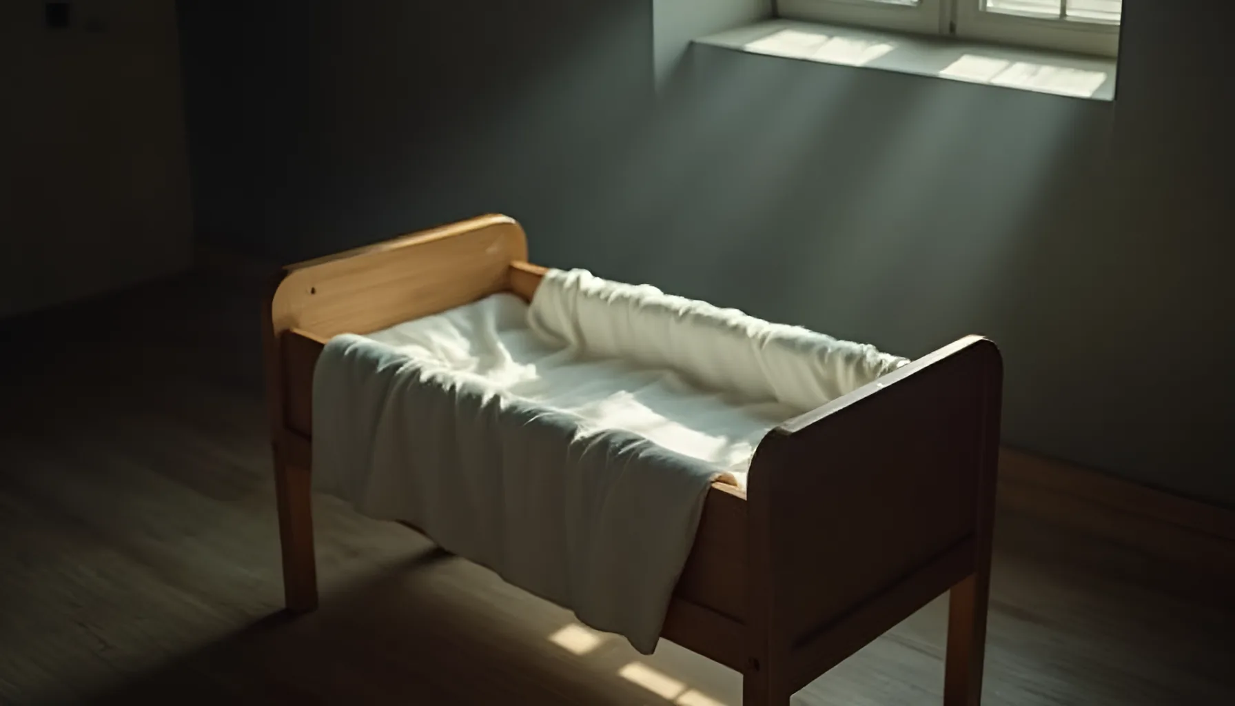 어두운 방 나무 요람에 흰 무명천이 덮여 있는 모습